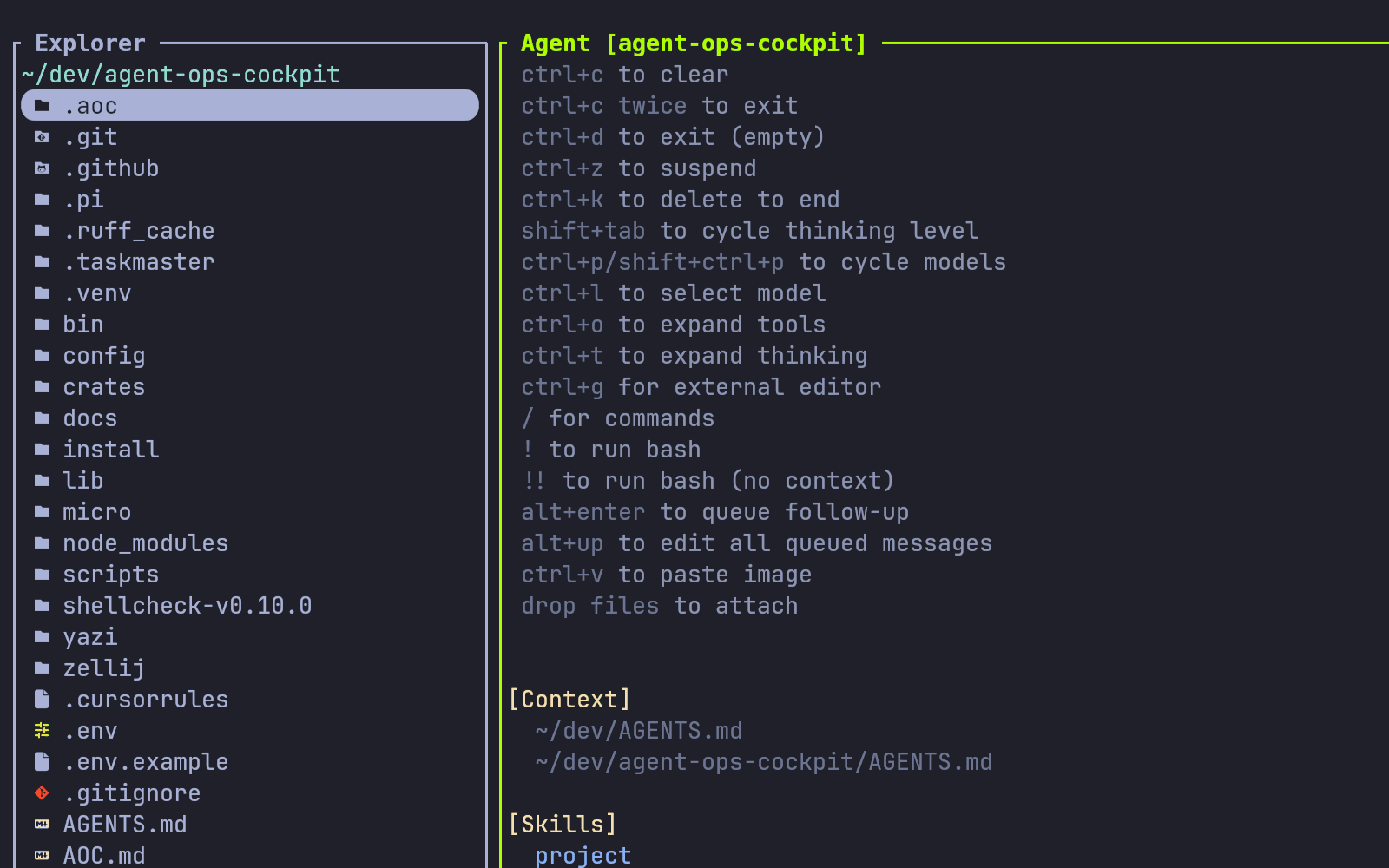 The Agent Ops Cockpit terminal — a repository file tree beside an agent pane listing its rules and skills.