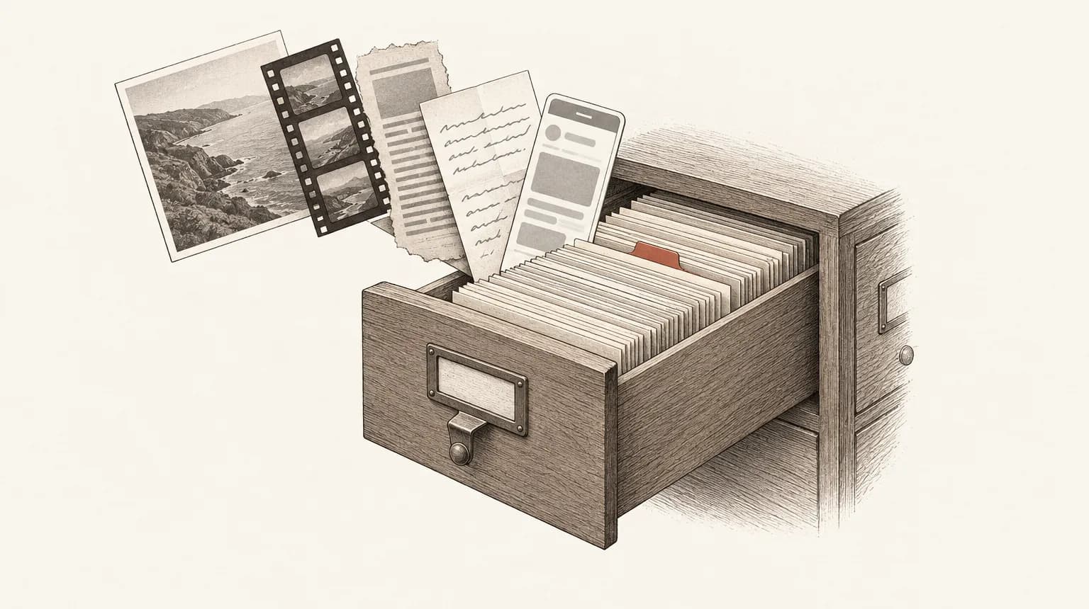 Ink drawing of an open card-catalogue drawer. A photograph, a strip of film, a newspaper clipping, a handwritten note and a phone screenshot are being filed into it.