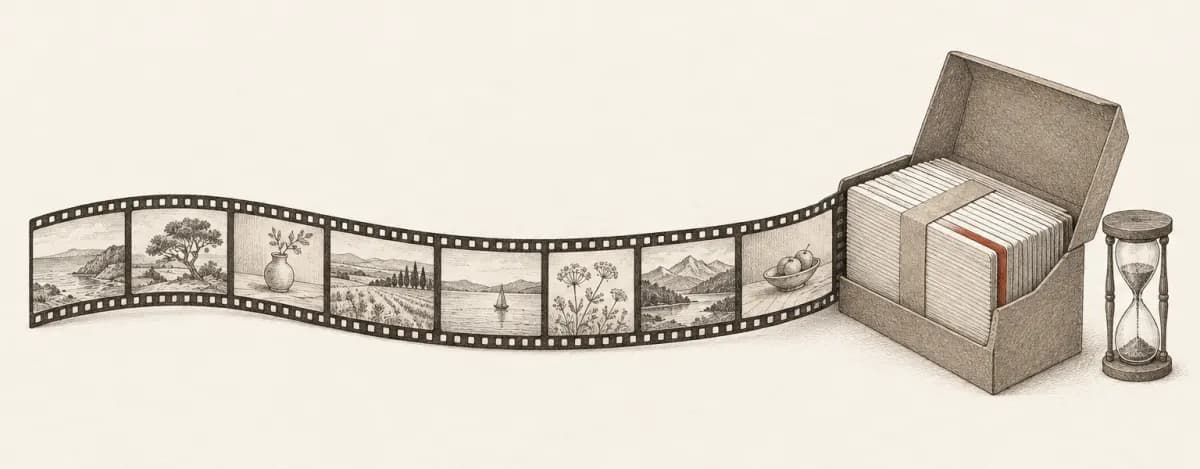 Ink drawing of a strip of film running into a box of index cards held by a paper band, with an hourglass beside it.