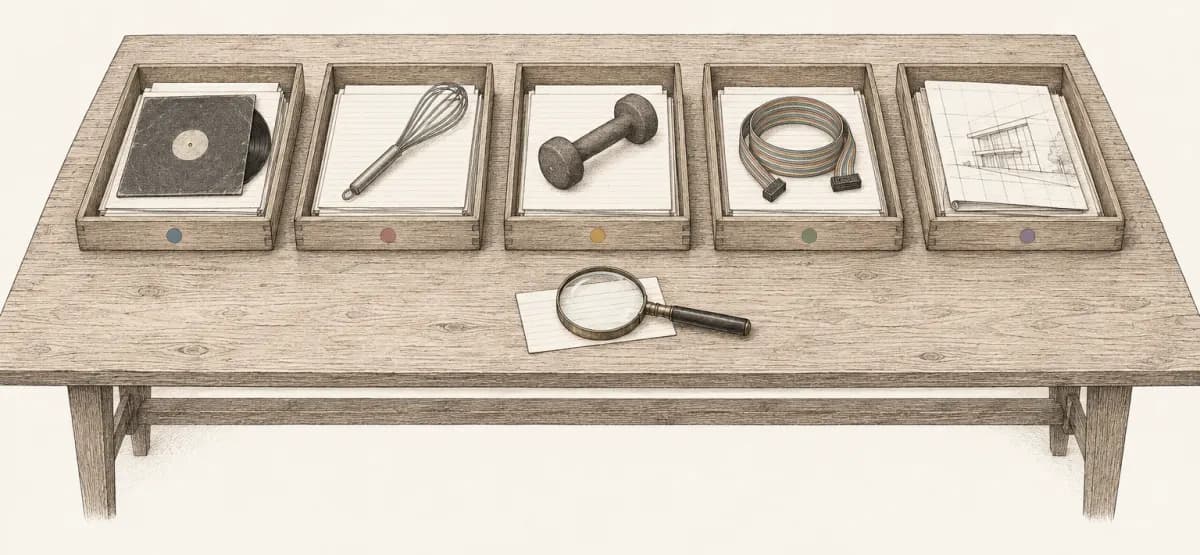 Ink drawing of a long table with five trays of index cards, each holding one object: a record sleeve, a whisk, a dumbbell, a ribbon cable and an architectural drawing. A magnifying glass rests on a card in front.