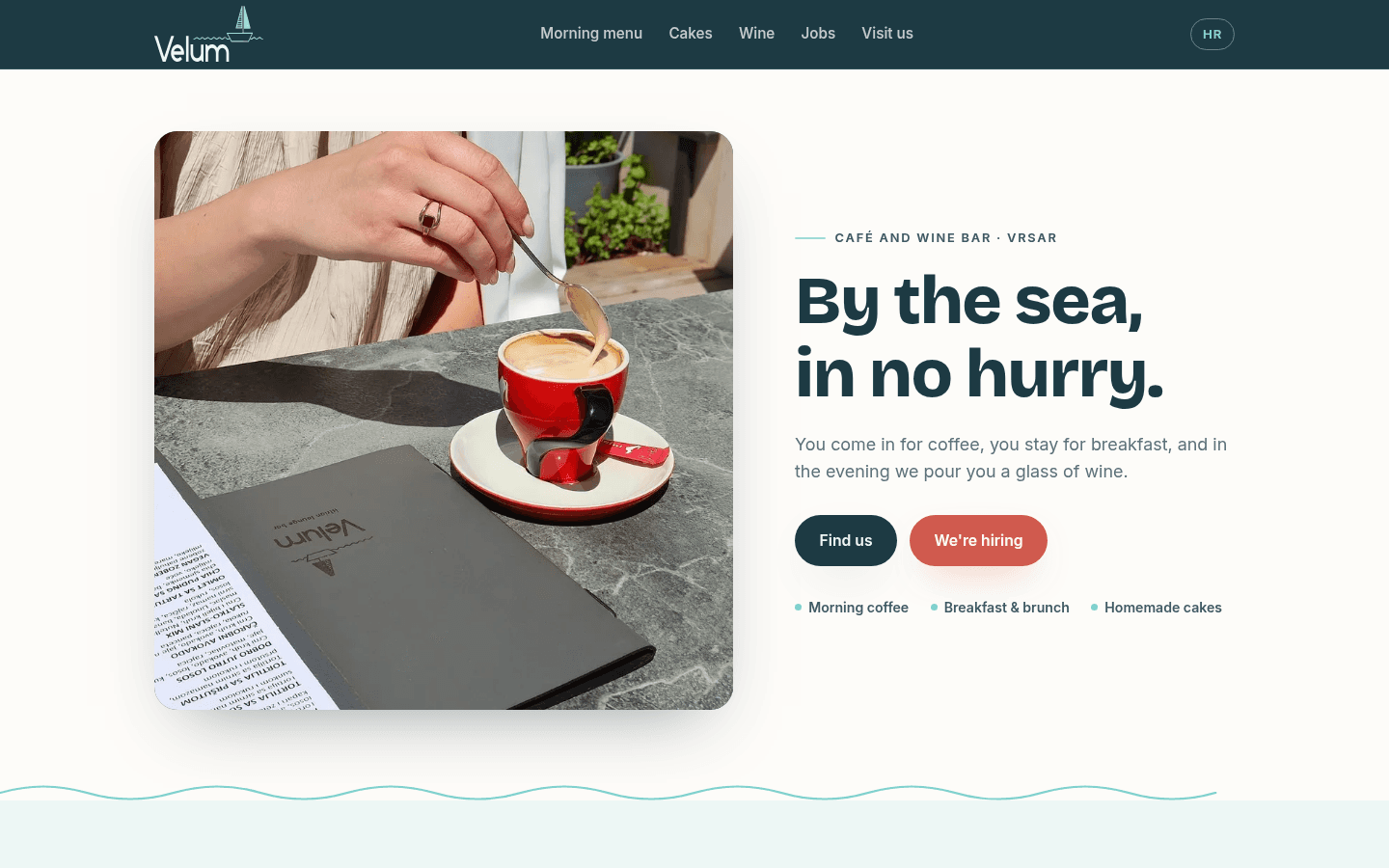 The Velum home page — a café and wine bar on the Vrsar waterfront, in Croatian and English.