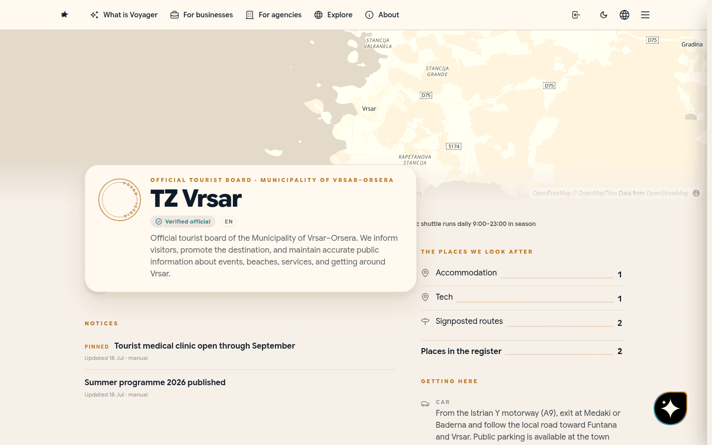 TZ Vrsar's official Voyager profile — a verified badge, dated notices, and a register of places.