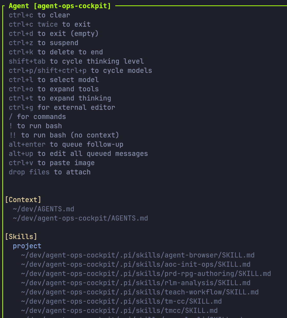 The agent pane's rules list: keybindings, then the AGENTS.md files, skill files and prompts loaded for this repository