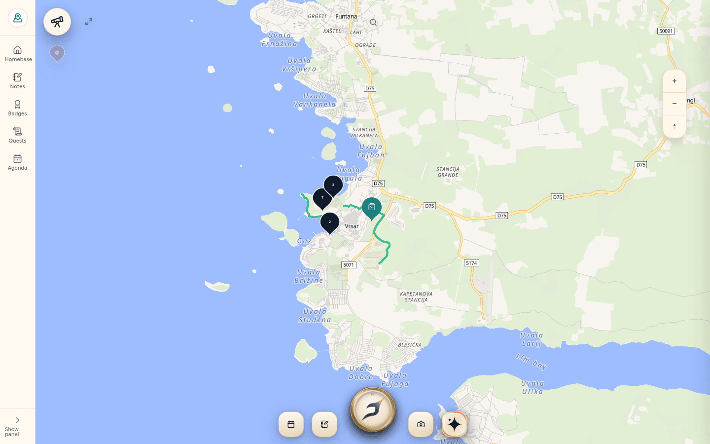 Voyager Atlas map of the Vrsar coastline with clustered place pins and a marked walking route