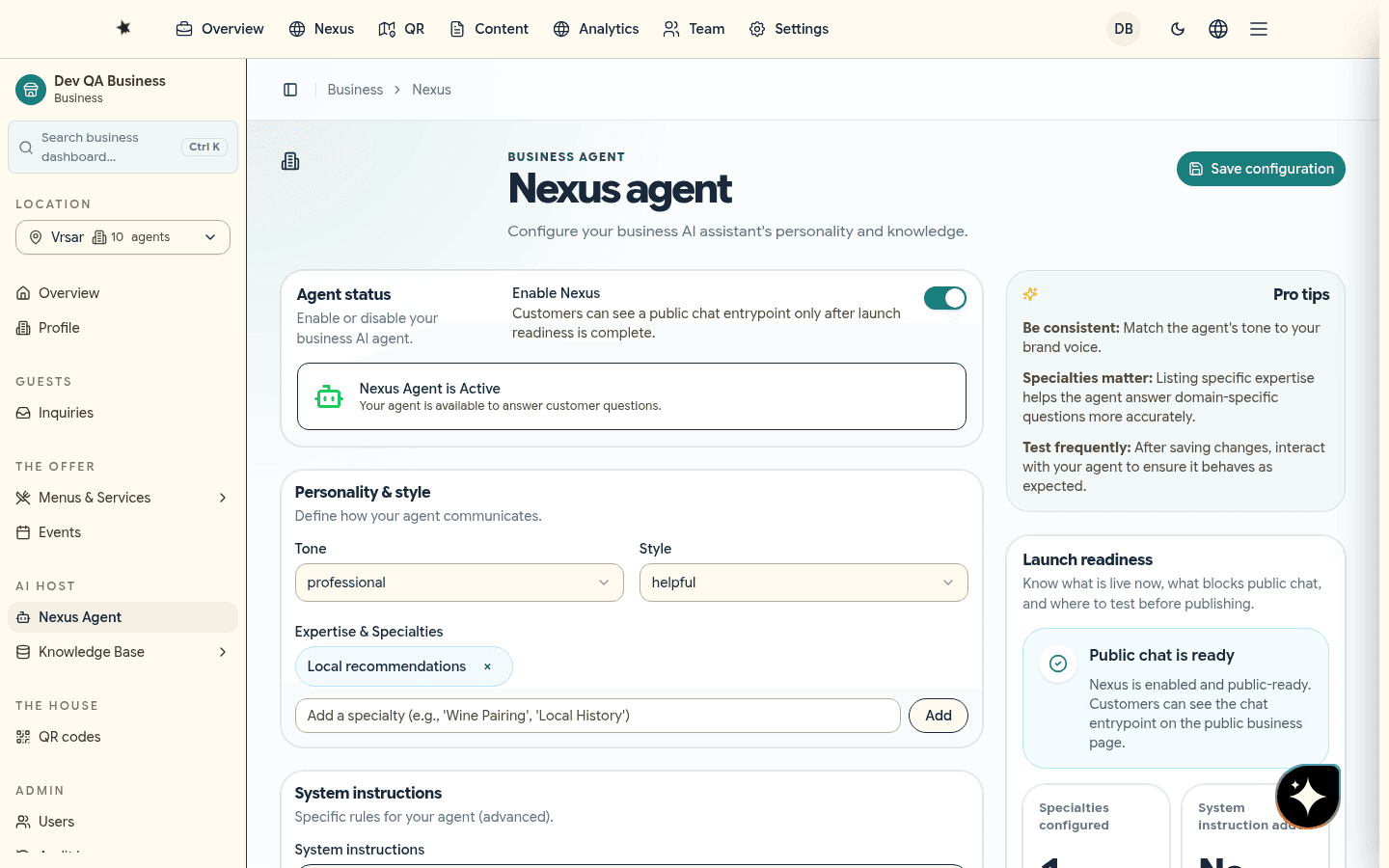 Nexus agent settings showing tone, specialties, and a launch-readiness panel