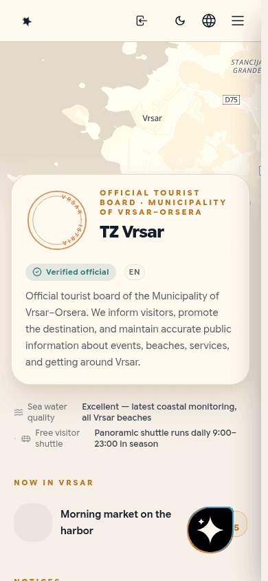 TZ Vrsar profile on a phone, showing water quality, the shuttle, and today's events